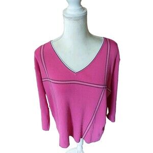 Finity Woman  Pink Knit V Neck Long Sleeve Blouse 2X Stripes